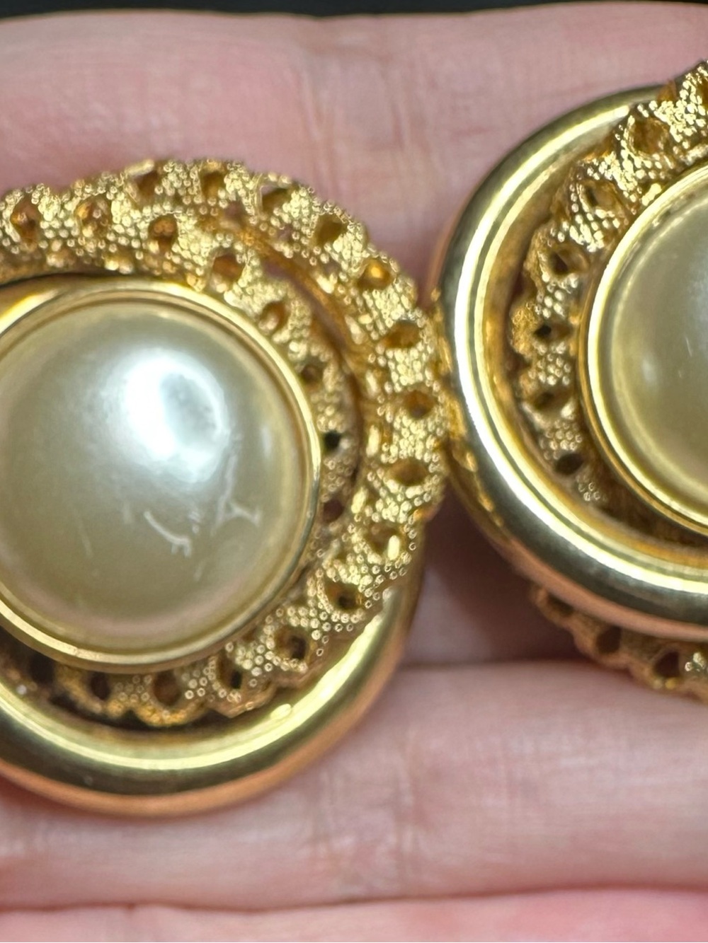 Unsigned Vintage Gold Tone Faux Pearl Pierced Statement Earrings